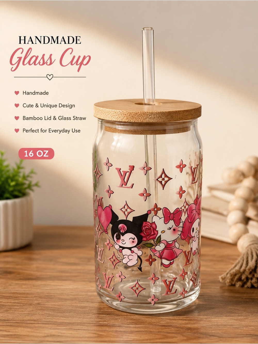Louis Vuitton Pink Kuromi hello kitty Glass Jar with Wooden Lid & straw